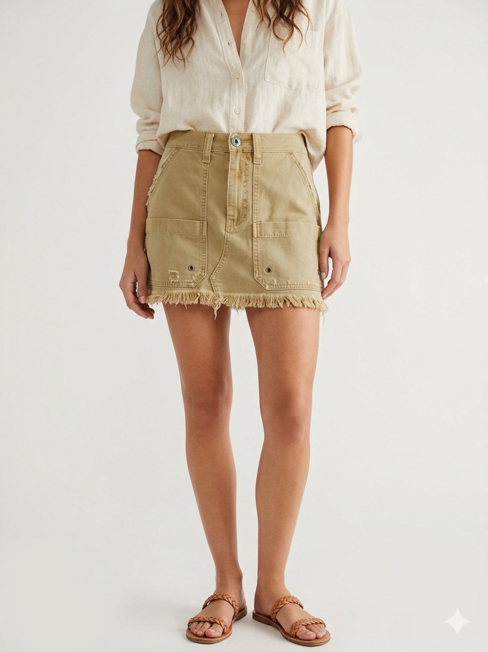 Free People Canvas Utility Cargo Mini Skirt Moss Tan 25 Indie Sleaze Boho Y2K